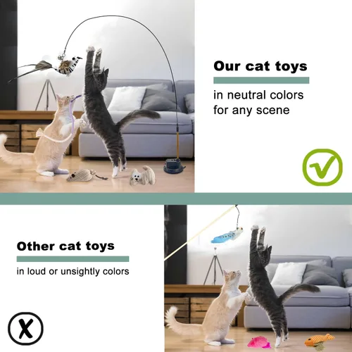 Miniatura 9 de Juguetes para gatitos 7 en 1 para gatos de interior con ventosa adhesiva lavable, juguetes interactivos para gatos, palo de vid plateada y cuerda