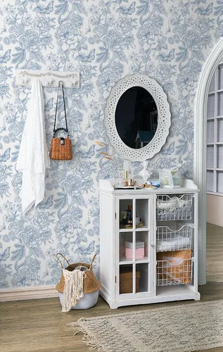 Miniatura 3 de Safiyya Papel tapiz floral para despegar y pegar, papel de contacto azul y blanco, papel tapiz bohemio para dormitorio, papel de pared de peonía