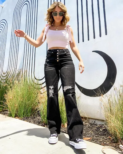 Miniatura 5 de LookbookStore - Jeans rasgados de cintura alta para mujer, pantalones de pierna ancha acampanados y desgastados