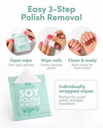 Miniatura 3 de ella+mila Toallitas removedoras de esmalte de uñas de soja, no acetona, no tóxicas, almohadillas removedoras de esmalte de uñas, tamaño de viaje