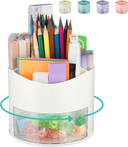Portalápices de escritorio, 4 ranuras, organizadores de escritorio giratorios de 360 grados con cajón, organizadores de almacenamiento de