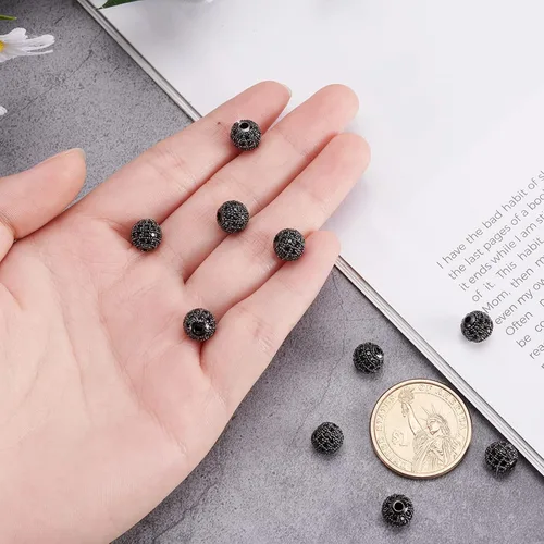 Miniatura 3 de NBEADS 10 piezas de 0.315 in chapado en estante de latón con circonita cúbica redonda de cristal negro plomizo y cuentas redondas de circonita