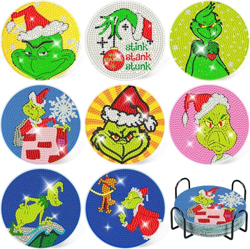 Miniatura 12 de Denylo pro 8 Piezas Kits de Posavasos de Arte de Diamantes de Navidad con Soporte DIY Posavasos de Arte de Diamantes de Navidad para Adultos