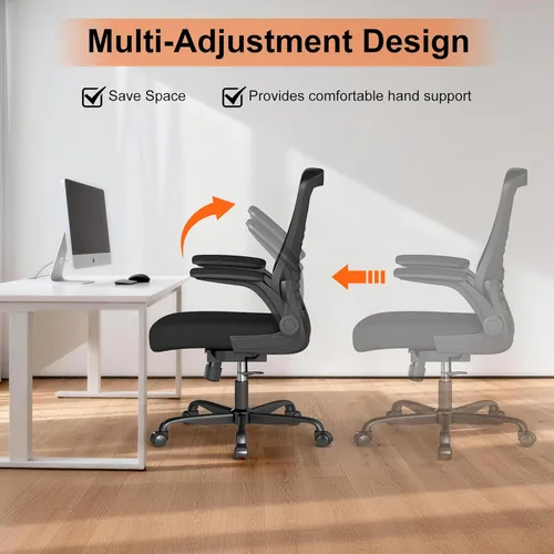 Miniatura 5 de Silla de oficina ergonómica, cómoda silla de escritorio de malla con reposabrazos abatibles y ruedas de rodadura suave, silla de computadora