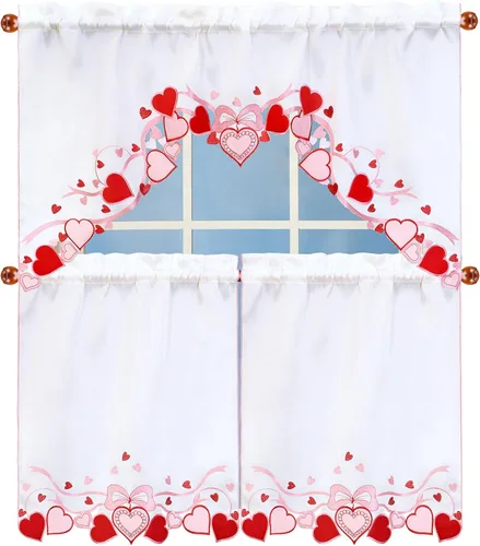 Miniatura 8 de Juego de cortinas bordadas de bastón de caramelo para ventana de cocina con cenefa y niveles para las fiestas navideñas (Bastón de caramelo)