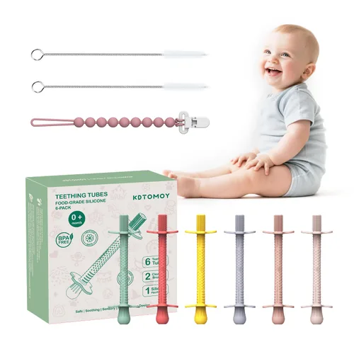 Pajitas de dentición para bebés, mordedores de tubo de silicona para bebés de más de 3 meses, palos de mordedores huecos blindados para bebés