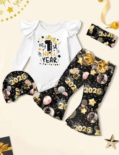 Miniatura 29 de Ropa de bebé niña, 4 piezas, trajes de niña recién nacida, con volantes, mameluco de campana para bebé, diadema, bandana, conjuntos de ropa, regalos