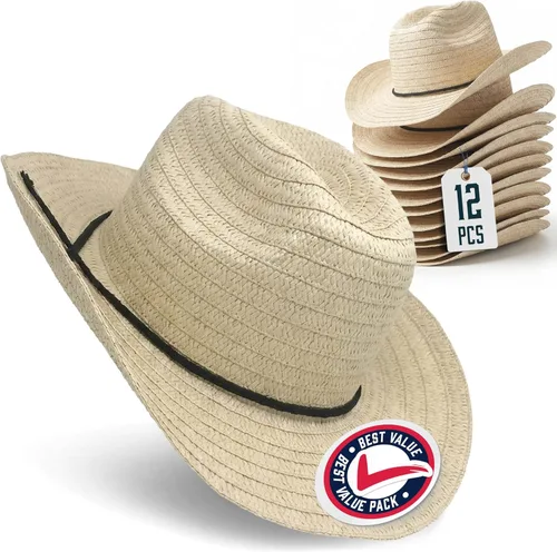 Podzly Sombreros de vaquero de paja, paquete de 12 unidades, circunferencia de 24 pulgadas, estilo occidental para hombres y mujeres, sombreros de