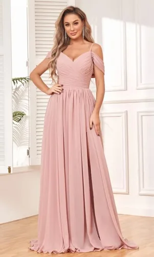 Miniatura 3 de BOLENSYE Vestidos de dama de honor con hombros descubiertos y bolsillos, vestido de noche formal con abertura larga de gasa fruncida