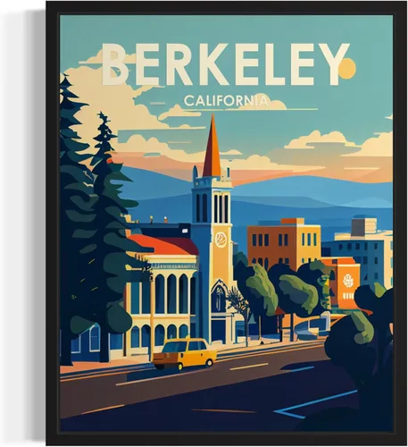 Berkeley California - Póster artístico, arte retro de paisaje de montaña y lago de la ciudad, arte de pared, cuadro de decoración vintage para