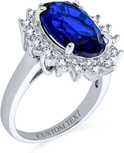 Miniatura 3 de Anillo de compromiso de plata de ley 925 personalizable con halo de corona ovalada de 5 a 7 quilates con circonita cúbica simulada de zafiro azul