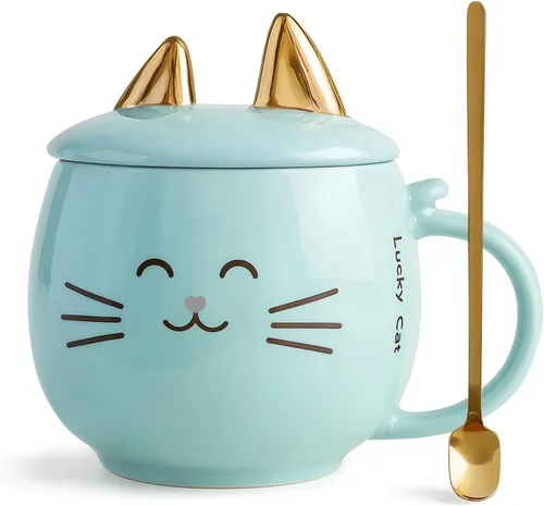 Yuwu Taza de café de cerámica con cuchara y tapa, taza de 13.5 onzas con tapa de soporte para teléfono, bonita taza de té para mujeres y entusiastas