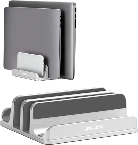 Miniatura 9 de JARLINK Soporte vertical ajustable 4 en 1 para laptop, estante de aluminio con doble ranura para computadora portátil, organizador de ahorro de Negro