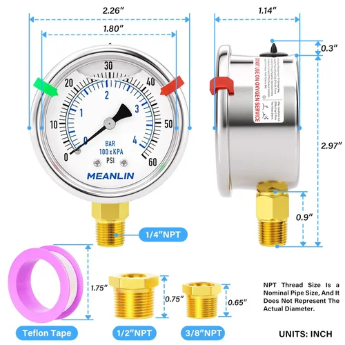 Miniatura 59 de MEANLIN MEASURE Medidor de presión de acero inoxidable relleno de líquido de 0 ~ 300 psi, esfera de cara NPT de 2 pulgadas para compresor de aire