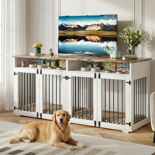 Jaula para perros de 72 pulgadas para 2 perros, jaula de madera para perros con compartimento de almacenamiento, perrera de interior con 4 puertas