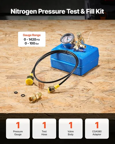 Miniatura 2 de Kit de carga de acumulador de nitrógeno hidráulico VEVOR, kit de llenado de nitrógeno 0-1420 PSI, sistema de prueba de presión con 1 medidor