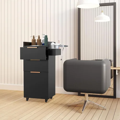 Miniatura 9 de OmySalon Carrito de salón con ruedas, 2 cajones y 1 armario de almacenamiento, carrito de salón para estilista, estación de peinado portátil