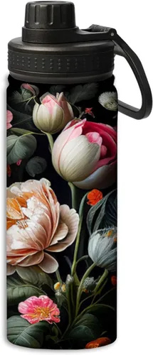 Botella de agua de acero inoxidable de 18 onzas con diseño floral de flores en una noche negra, aislada al vacío, de doble pared, a prueba de fugas,