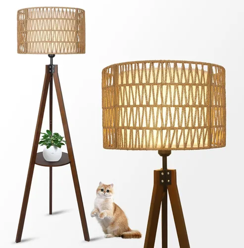 LAMSU Lámpara de pie con trípode bohemio con estantes, lámpara de pie de madera de mediados de siglo con pantallas de ratán y tela, interruptor de