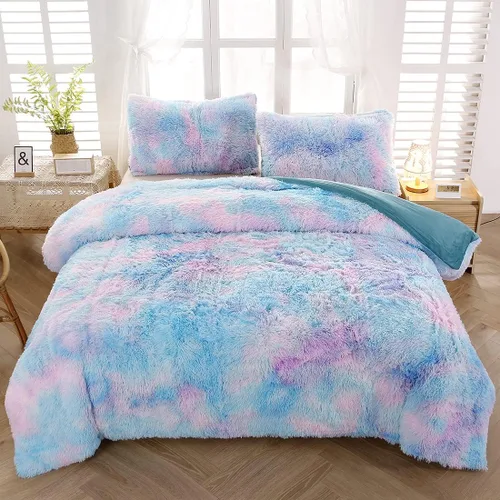 SUCSES Juego de funda de edredón de piel sintética tamaño Twin, juego de ropa de cama de felpa peluda de arcoíris tie-dye para niñas, juego de funda