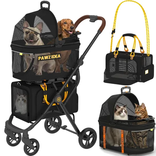 Miniatura 12 de PAWZIDEA Carriola doble para mascotas con 2 portamascotas desmontables, jaula portátil para perros para viajes en automóvil y porta gatos expandible
