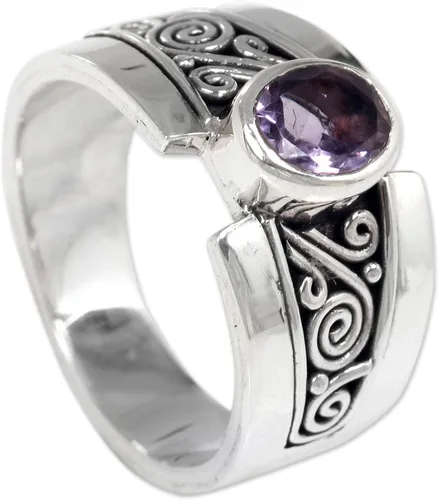 Miniatura 3 de NOVICA Anillo artesanal hecho a mano con amatista de plata de ley 925 con piedra natal púrpura de Indonesia 'Purple Karma