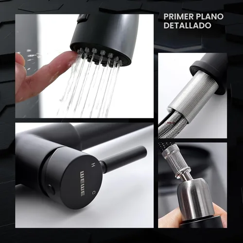 Miniatura 7 de WEWE Grifo de cocina negro, a prueba de fugas, con rociador extraíble, acero inoxidable comercial, de un solo agujero, grifo de fregadero de cocina