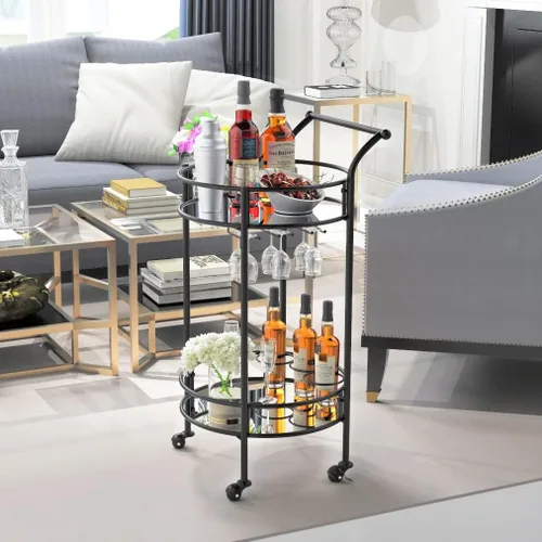 Miniatura 3 de Carrito redondo negro con 2 estantes de espejo, estante para vino y ruedas con cerradura, adecuado para cocina del hogar, club, sala de estar