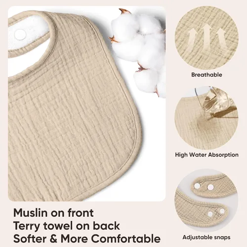 Miniatura 2 de Bearmoss Baberos para babeo y dentición, baberos de muselina 100% algodón para bebé niño y niña, ajustables, ultra absorbentes, paquete de 8 Coco
