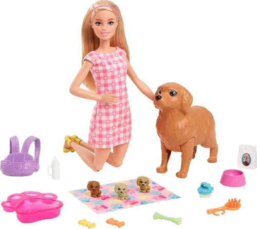Barbie Juego de muñecas y mascotas, color rubio con mamá perro, 3 cachorros recién nacidos con función de cambio de color y accesorios para mascotas