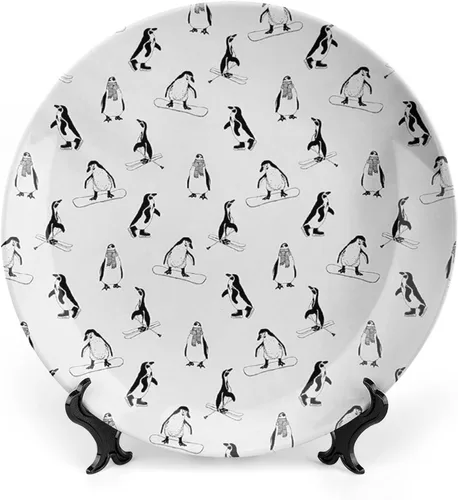 XISUNYA Plato decorativo de 6 pulgadas, cerámica para niños, pingüinos de esquí en tablas de snowboard, deportes de invierno, impresión temática de