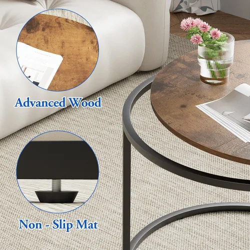 Miniatura 4 de aboxoo - Mesa de centro apilable redonda, juego de 2 mesas laterales con marco de metal resistente para sala de estar, dormitorio, apartamento