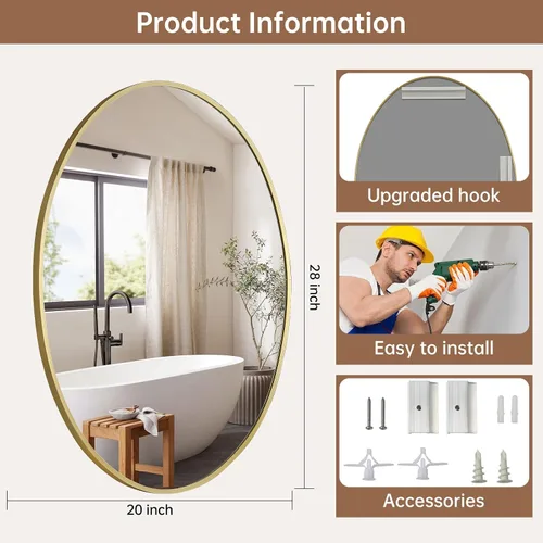 Miniatura 5 de Espejo ovalado dorado para baño, espejo de baño ovalado de 20 x 28 pulgadas con marco de metal cepillado, espejo de tocador decorativo montado