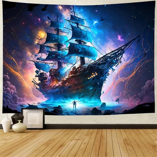Miniatura 7 de FENDROM Tapiz náutico Decoración Fantasma Velero Arte de Pared Fantasía Paisaje Océano Náutico barco pirata Onda Vela Luna Tapices Colgantes