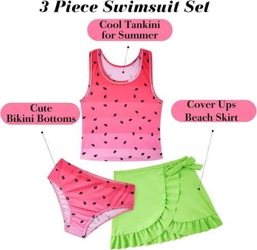 Miniatura 20 de Traje de baño tankini de 3 piezas para niñas, lindo bikini con salida de baño con falda de playa de 5 a 16 años