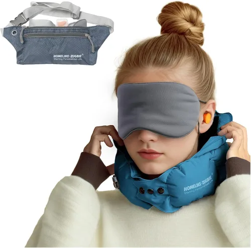 Miniatura 10 de Almohada inflable de viaje para avión, almohada inflable para el cuello para viajes, oficina, soporte para el cuello, máscara profesional