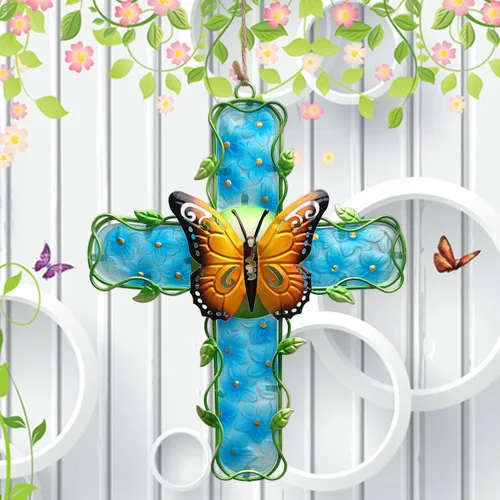Miniatura 6 de COOZZYHOUR Decoración de pared de metal con cruz de metal y cristal, flor de hortensia azul, decoración para exteriores, interiores, hogar, jardín