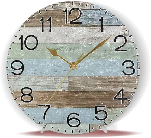 Miniatura 6 de Reloj de pared de madera azul y marrón, estilo rústico costero, decorativo, redondo, funciona con pilas, sin tictac, silencioso, cuarzo analógico
