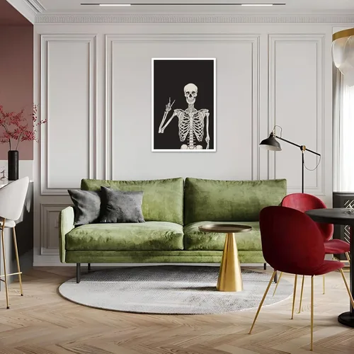 Miniatura 3 de Divertido lienzo de esqueleto negro para pared, decoración espeluznante, póster de Halloween, impresión de señal de paz con la mano alta, huesos