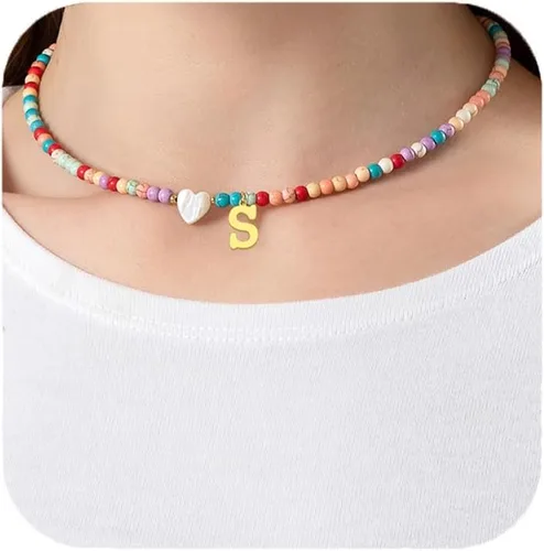 Collar de cuentas con inicial de oro colorido para mujer, hecho a mano, para niñas, de acero inoxidable con cuentas de colores, gargantilla de oro