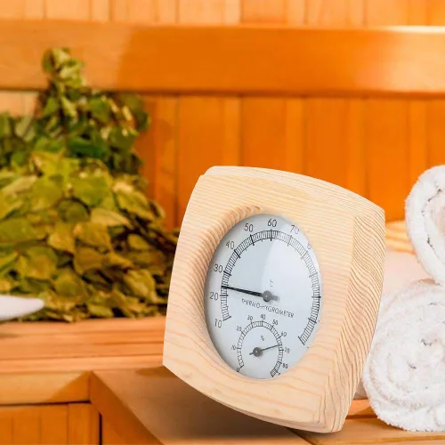 Miniatura 3 de Fdit Termómetro higrotermógrafo de madera para sauna higrómetro Sala de sauna Spruce Dial de madera humedad Medidor de temperatura Monitor