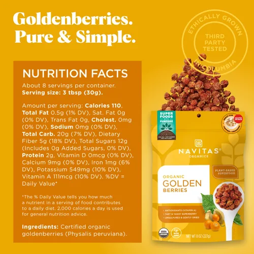 Miniatura 2 de Navitas Organics Goldenberries - Para aperitivos saludables, cobertura, hornear y más - Frutas secas - Sin azúcar añadido ni sulfitos - USDA