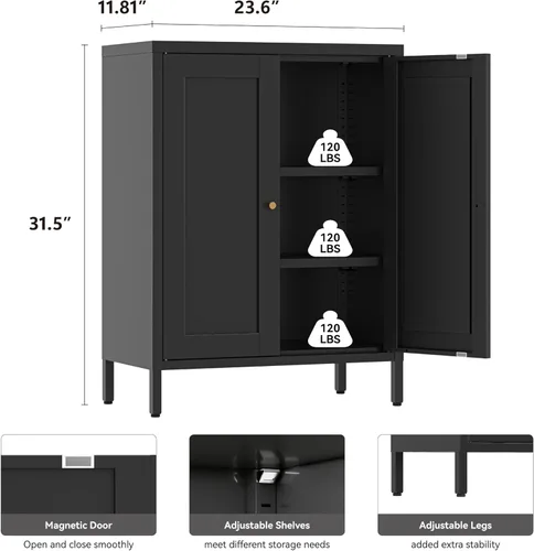 Miniatura 3 de YAUWOH Armario pequeño de metal, armario de almacenamiento de baño con 2 estantes ajustables y 2 puertas, aparador independiente para espacios Negro