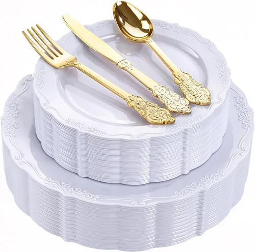 Miniatura 16 de DaYammi 150 platos de plástico negro plateado y cubiertos de plástico plateado, platos desechables de plata negra para incluir 30 platos llanos, 30