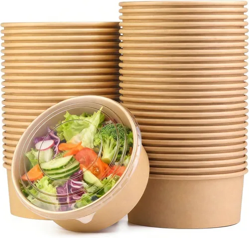 Miniatura 8 de Tazones desechables de 25 onzas con tapas, paquete de 25 tazones grandes de papel kraft con tapas, recipiente redondo de papel para alimentos fríos