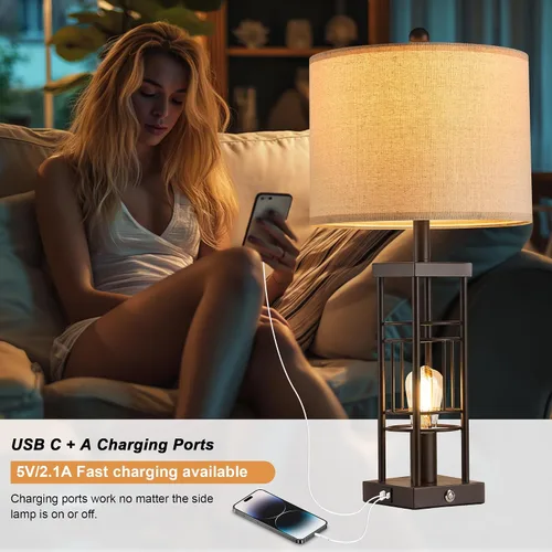 Miniatura 3 de Reaketon Juego de 2 lámparas de mesa para sala de estar con puertos de carga USB, lámparas de estilo granja regulables de 3 vías de 70 cm