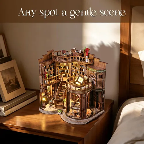 Miniatura 4 de Kit de rincón de libros, rompecabezas de madera 3D en miniatura, sujetalibros con luz LED, decoración de estantería de flor de cerezo para libros