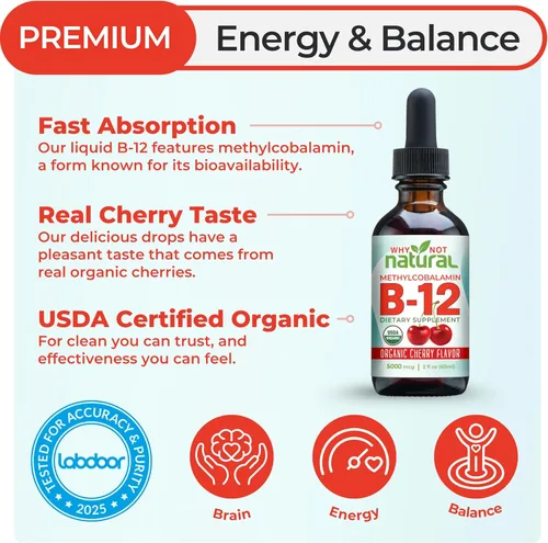 Miniatura 2 de Why Not Natural Líquido orgánico de vitamina B12 – Sublingual Extra Strength 60 x 5000 mcg gotas de metilcobalamina, vegano, maximiza la absorción