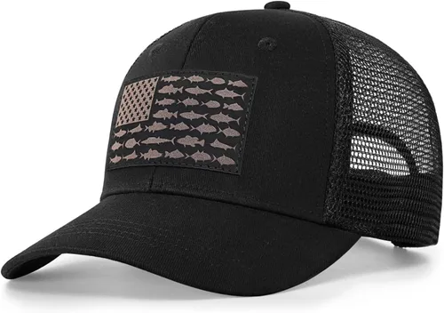 Miniatura 14 de Sombrero de camionero con bandera de pez estadounidense, regalos de pesca para hombres, sombrero de pesca Snapback perfecto para pesca y uso diario