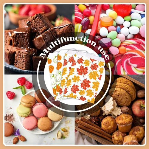 Miniatura 4 de Whaline Paquete de 100 bolsas de golosinas de otoño de 5 x 7.3 pulgadas, bolsas de dulces de Acción de Gracias, hojas de arce, calabazas, bufé